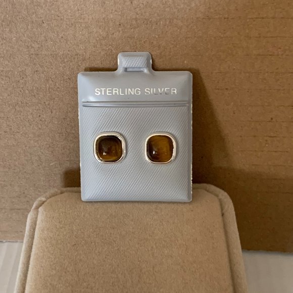 NWOT Silver & Square Genuine Tiger Eye "Stud" Earrings - Picture 4 of 6